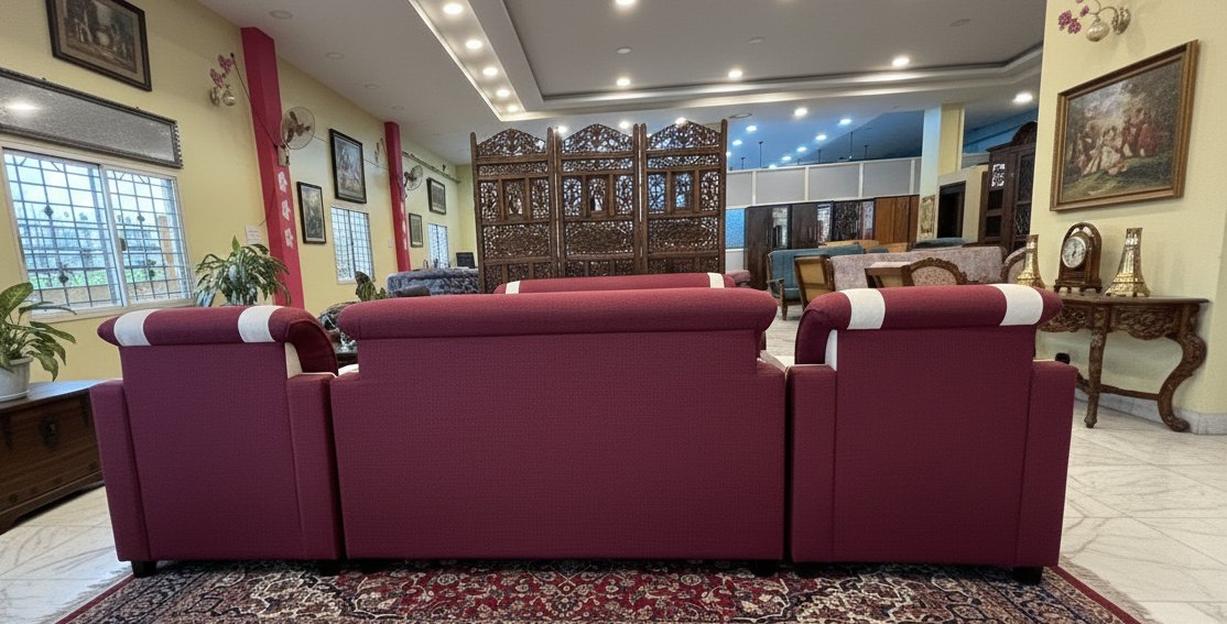 Modern Maroon & Cream Sofa Set (3+1+1) with Stylish Wooden Arm Design - Image 2